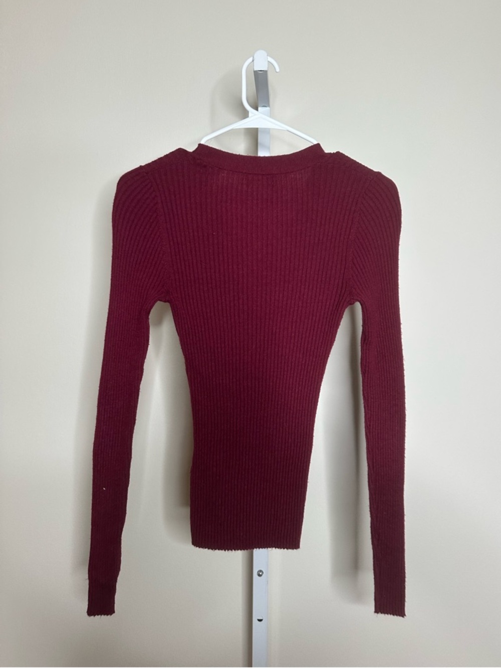 Derek Lam Ribbed Henley Long Sleeve Sweater in Burgundy - Picture 4 of 5